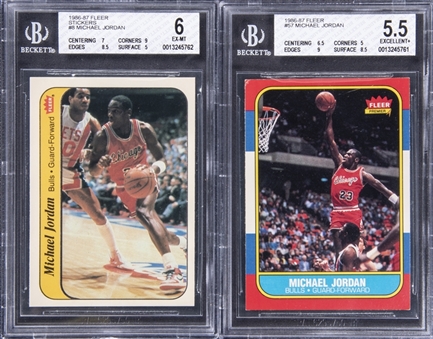 1986/87 Fleer Basketball Complete Set (132) Plus Stickers Set (11) – Including #57 Michael Jordan and #8 Jordan Sticker BGS-Graded Rookie Cards